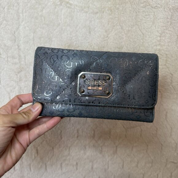 Guess Tri-Fold Faux Leather Wallet Charcoal Gray/Silver Monogram G‎ - Picture 6 of 16